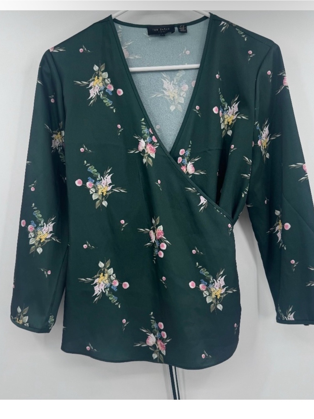 Ted Baker Dark Green Floral Wrap-Style Blouse